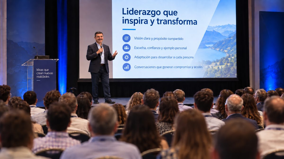Eduardo Isa dando una conferencia sobre liderazgo ante un auditorio